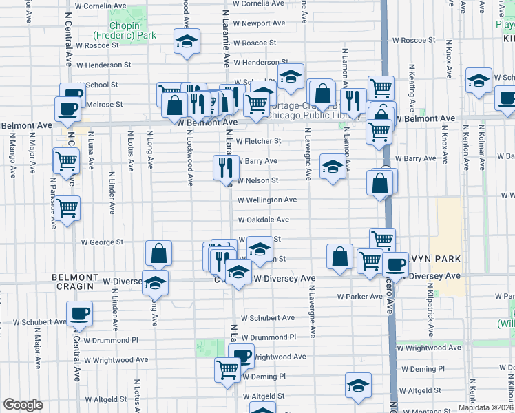 map of restaurants, bars, coffee shops, grocery stores, and more near 5108 West Wellington Avenue in Chicago