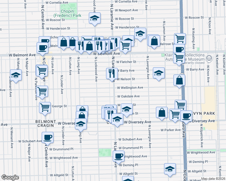 map of restaurants, bars, coffee shops, grocery stores, and more near 5149 West Nelson Street in Chicago