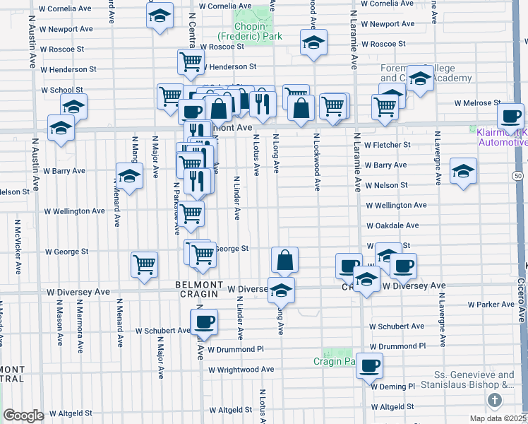 map of restaurants, bars, coffee shops, grocery stores, and more near 3016 North Long Avenue in Chicago