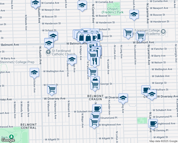 map of restaurants, bars, coffee shops, grocery stores, and more near 3018 North Parkside Avenue in Chicago