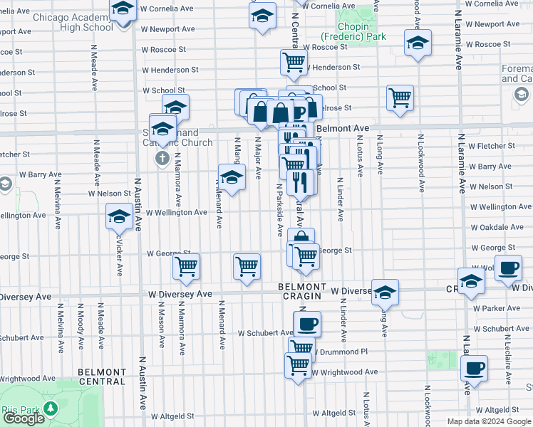 map of restaurants, bars, coffee shops, grocery stores, and more near 3018 North Parkside Avenue in Chicago