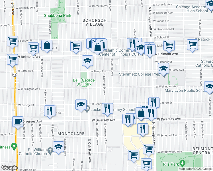 map of restaurants, bars, coffee shops, grocery stores, and more near 3030 North Normandy Avenue in Chicago