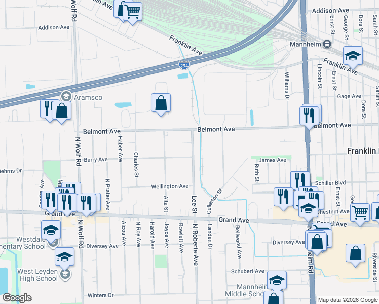 map of restaurants, bars, coffee shops, grocery stores, and more near 10816 Fletcher Avenue in Melrose Park