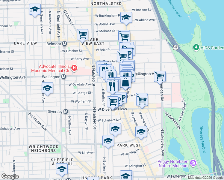 map of restaurants, bars, coffee shops, grocery stores, and more near N Clark St & W Surf St in Chicago