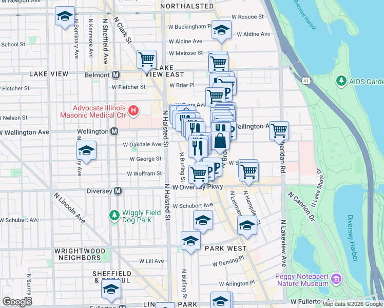 map of restaurants, bars, coffee shops, grocery stores, and more near 655 West Oakdale Avenue in Chicago