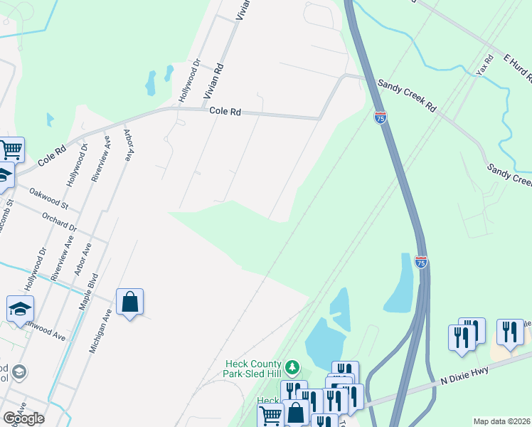map of restaurants, bars, coffee shops, grocery stores, and more near 1651 Spaulding Road in Monroe
