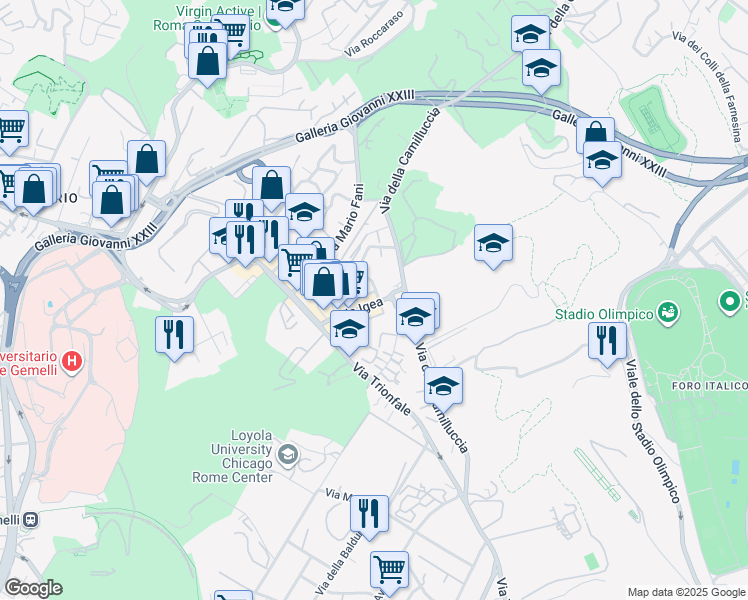 map of restaurants, bars, coffee shops, grocery stores, and more near 6 Via Bernardo Blumenstihl in Roma