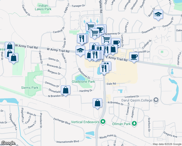 map of restaurants, bars, coffee shops, grocery stores, and more near 160 Gladstone Drive in Glendale Heights