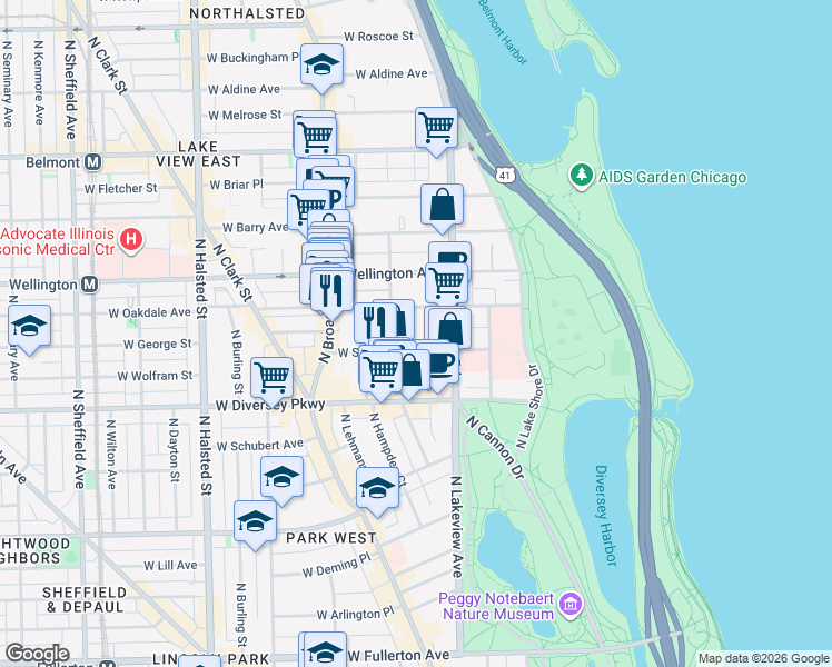 map of restaurants, bars, coffee shops, grocery stores, and more near 431 West Oakdale Avenue in Chicago