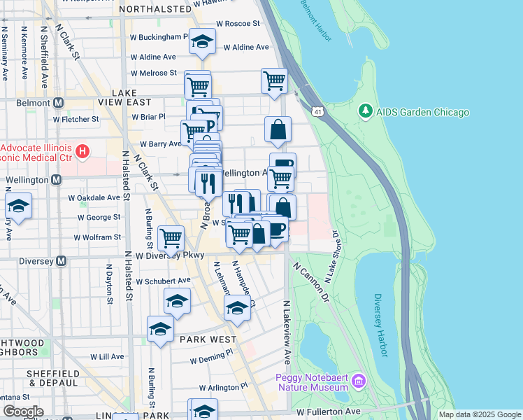 map of restaurants, bars, coffee shops, grocery stores, and more near 432 West Surf Street in Chicago