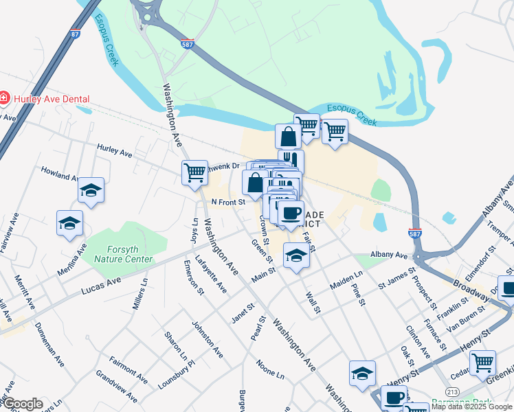 map of restaurants, bars, coffee shops, grocery stores, and more near 66 North Front Street in Kingston