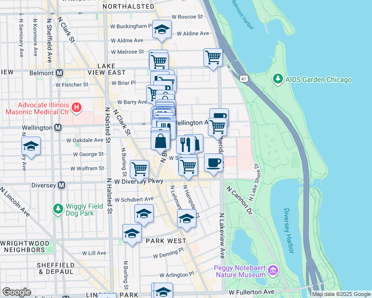 map of restaurants, bars, coffee shops, grocery stores, and more near 501 West Oakdale Avenue in Chicago