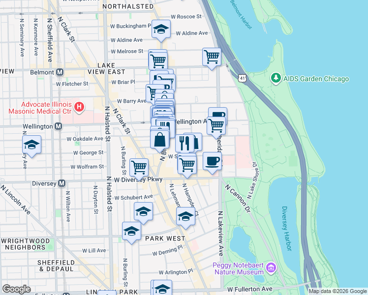 map of restaurants, bars, coffee shops, grocery stores, and more near 501 West Oakdale Avenue in Chicago