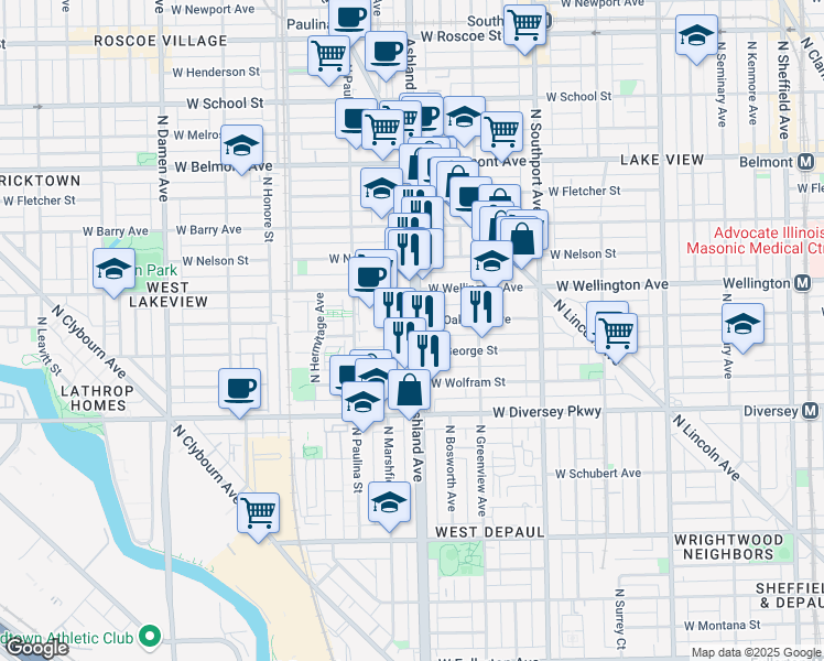 map of restaurants, bars, coffee shops, grocery stores, and more near 2928 North Ashland Avenue in Chicago