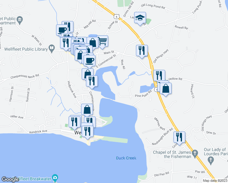 map of restaurants, bars, coffee shops, grocery stores, and more near in Wellfleet