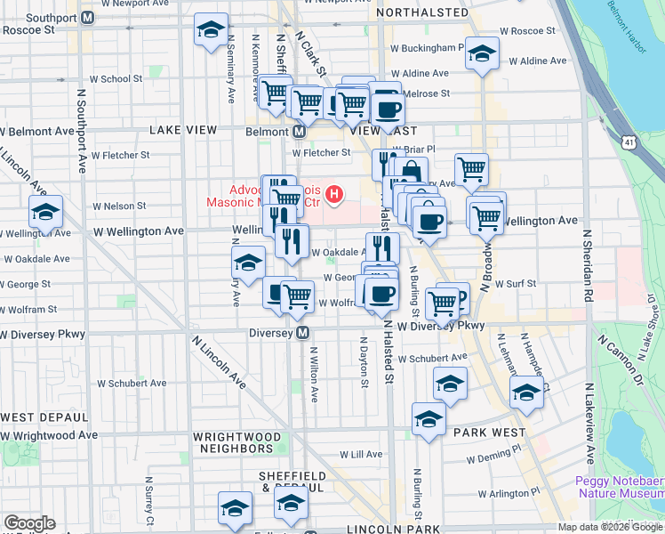 map of restaurants, bars, coffee shops, grocery stores, and more near 2914 North Mildred Avenue in Chicago