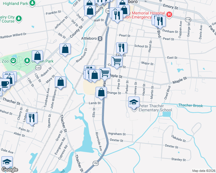 map of restaurants, bars, coffee shops, grocery stores, and more near 5 Mulberry Street in Attleboro