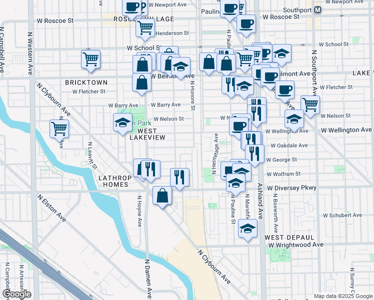 map of restaurants, bars, coffee shops, grocery stores, and more near 1838 West Oakdale Avenue in Chicago