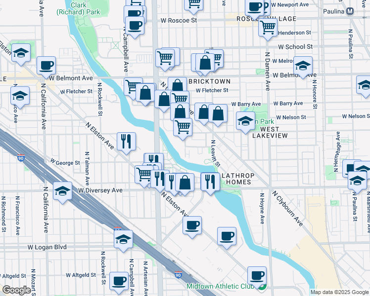map of restaurants, bars, coffee shops, grocery stores, and more near 2950 North Oakley Avenue in Chicago