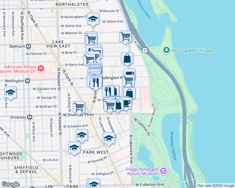 map of restaurants, bars, coffee shops, grocery stores, and more near 440 West Surf Street in Chicago