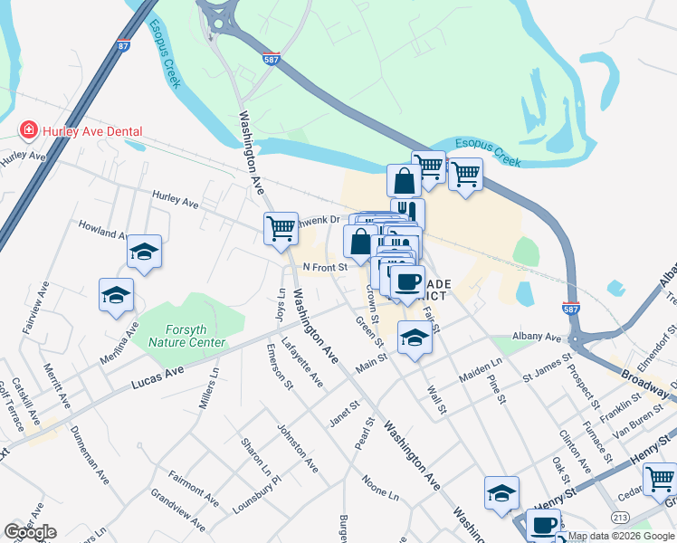 map of restaurants, bars, coffee shops, grocery stores, and more near 94 North Front Street in Kingston