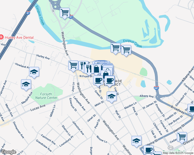 map of restaurants, bars, coffee shops, grocery stores, and more near 66 North Front Street in Kingston