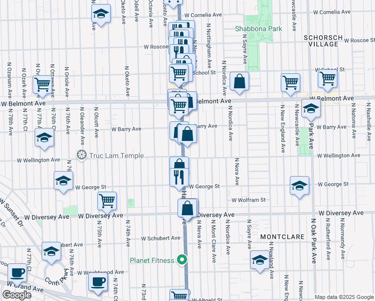 map of restaurants, bars, coffee shops, grocery stores, and more near 3015 North Harlem Avenue in Chicago