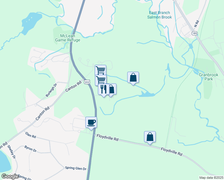 map of restaurants, bars, coffee shops, grocery stores, and more near 18 Mill Pond Drive in Granby