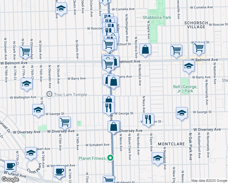 map of restaurants, bars, coffee shops, grocery stores, and more near 3015 North Harlem Avenue in Chicago