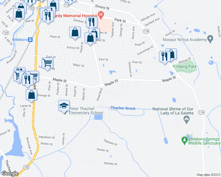 map of restaurants, bars, coffee shops, grocery stores, and more near 109 Maple Street in Attleboro