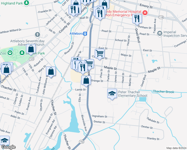 map of restaurants, bars, coffee shops, grocery stores, and more near 216 South Main Street in Attleboro