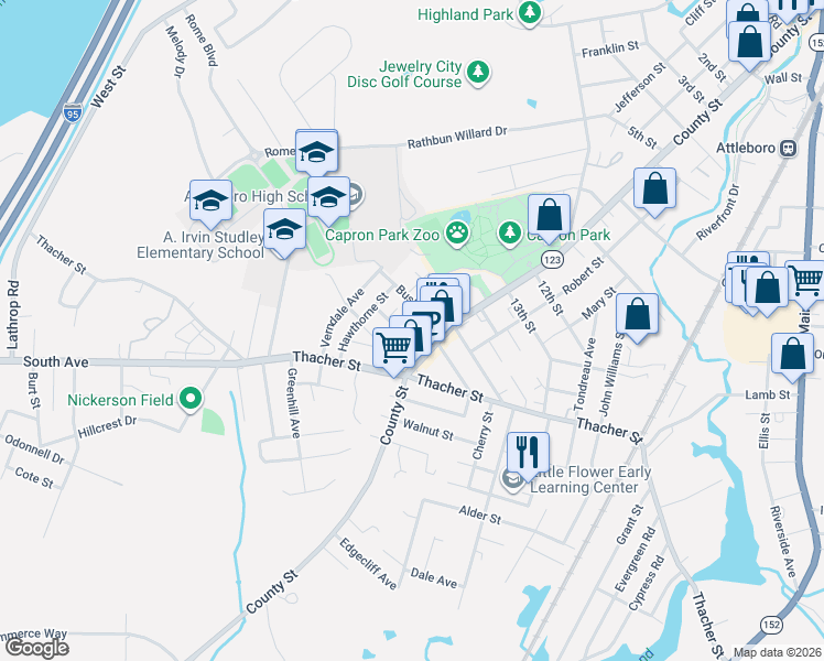 map of restaurants, bars, coffee shops, grocery stores, and more near 19 Bushee Street in Attleboro