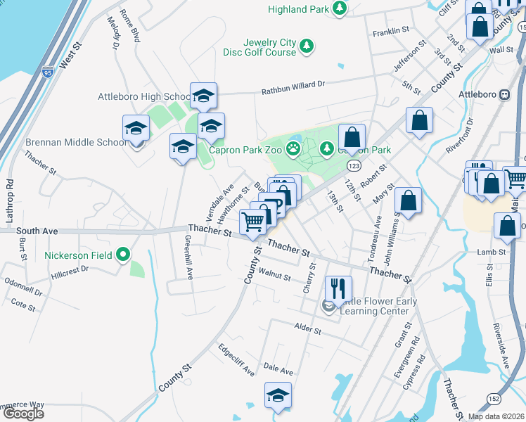 map of restaurants, bars, coffee shops, grocery stores, and more near 8 Milton in Attleboro