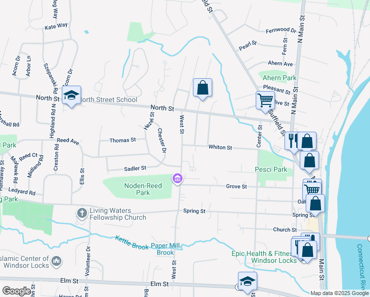 map of restaurants, bars, coffee shops, grocery stores, and more near 89 West Street in Windsor Locks