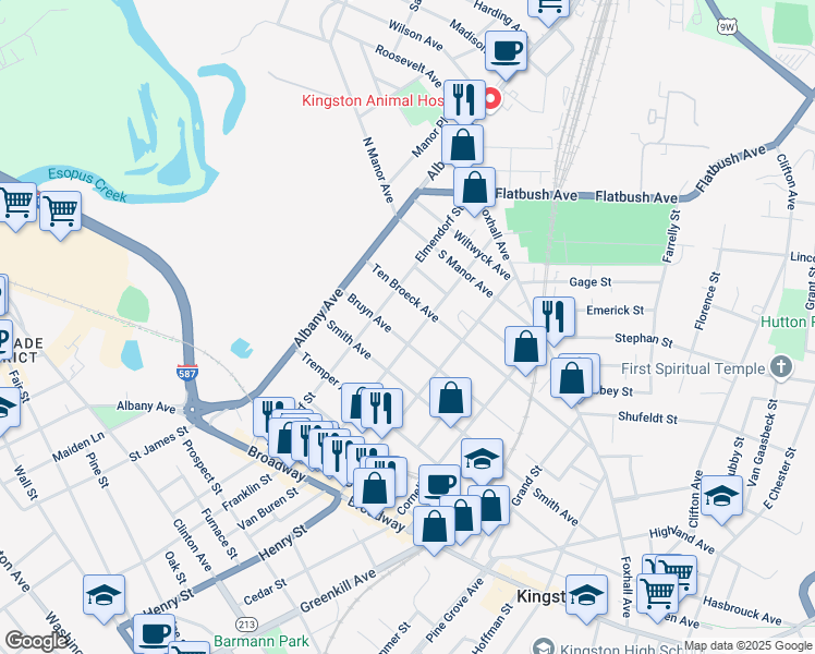 map of restaurants, bars, coffee shops, grocery stores, and more near 175 Ten Broeck Avenue in Kingston