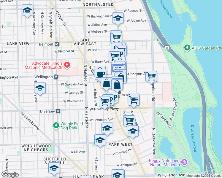 map of restaurants, bars, coffee shops, grocery stores, and more near 600 West Surf Street in Chicago