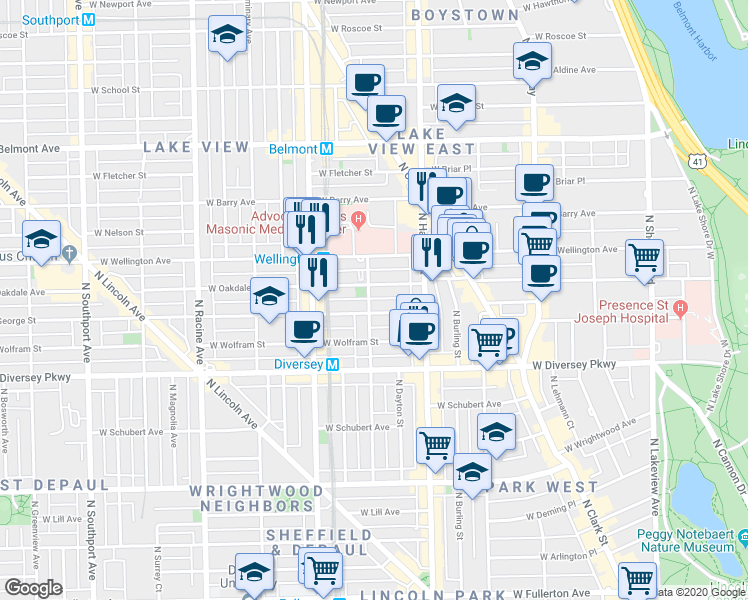 map of restaurants, bars, coffee shops, grocery stores, and more near 850 West Oakdale Avenue in Chicago