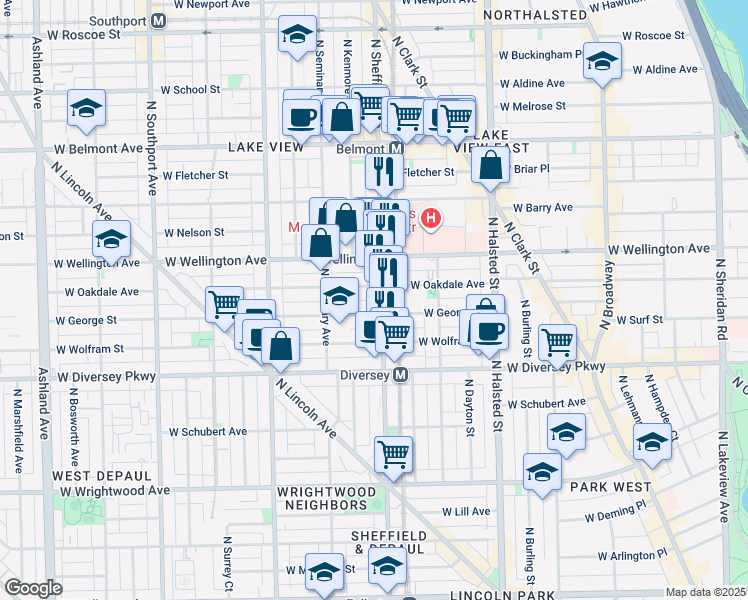 map of restaurants, bars, coffee shops, grocery stores, and more near 2937 North Sheffield Avenue in Chicago