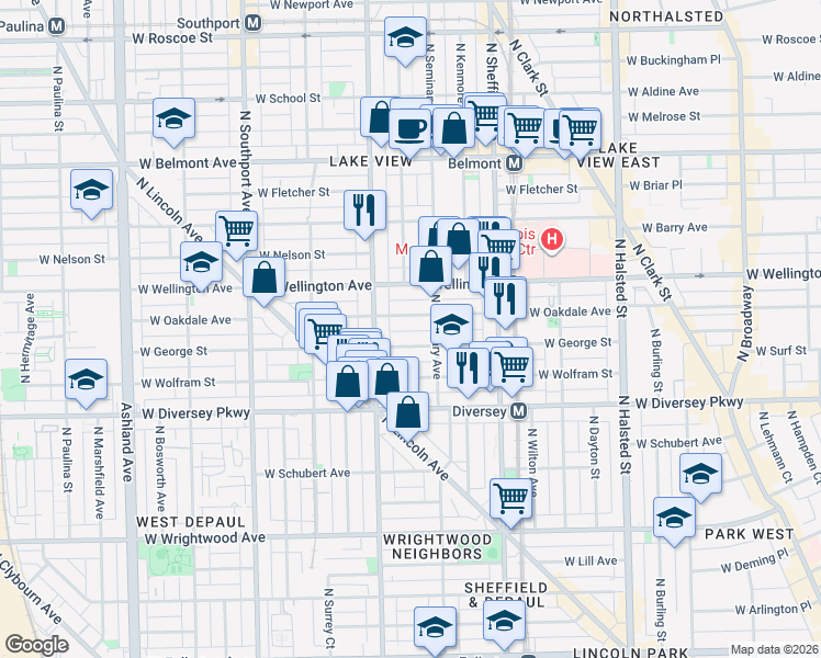 map of restaurants, bars, coffee shops, grocery stores, and more near 1110 West Oakdale Avenue in Chicago
