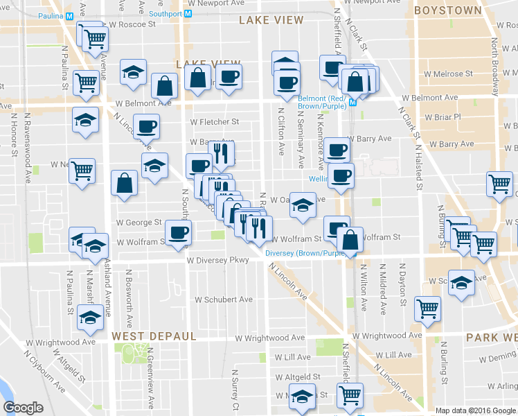 map of restaurants, bars, coffee shops, grocery stores, and more near in Chicago