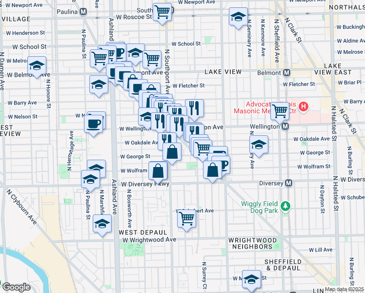 map of restaurants, bars, coffee shops, grocery stores, and more near 2954 North Lincoln Avenue in Chicago
