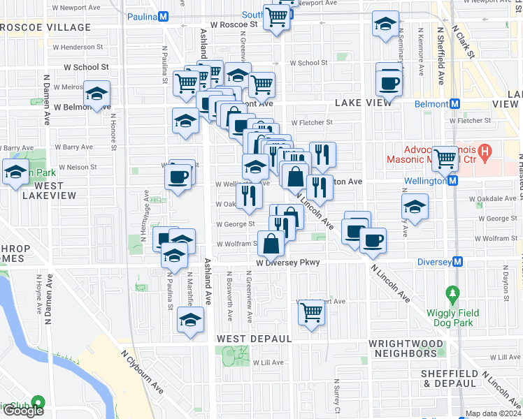 map of restaurants, bars, coffee shops, grocery stores, and more near 2936 North Southport Avenue in Chicago