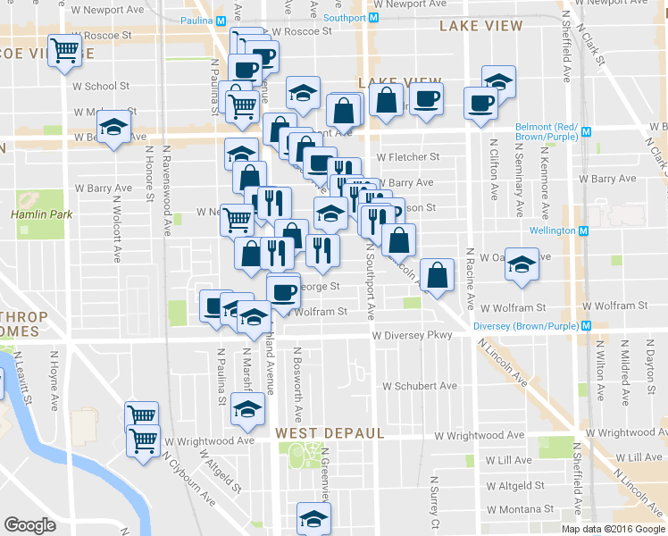 map of restaurants, bars, coffee shops, grocery stores, and more near 1500 West Oakdale Avenue in Chicago