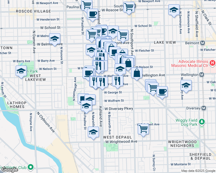map of restaurants, bars, coffee shops, grocery stores, and more near 1534 West Oakdale Avenue in Chicago