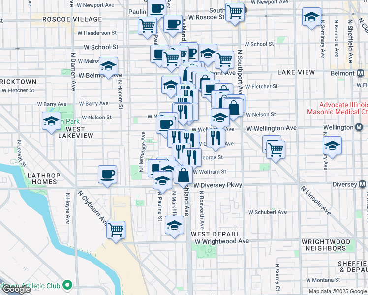 map of restaurants, bars, coffee shops, grocery stores, and more near 2941 North Ashland Avenue in Chicago