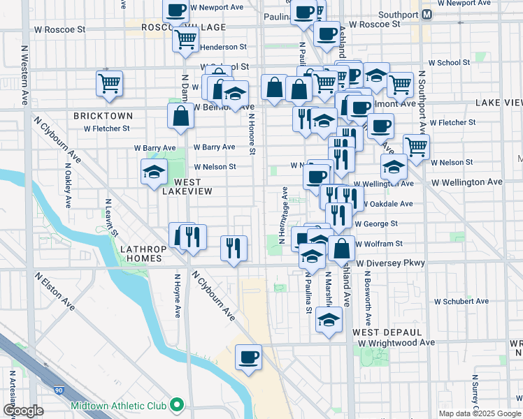 map of restaurants, bars, coffee shops, grocery stores, and more near 2946 North Wood Street in Chicago