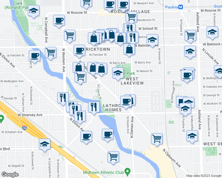 map of restaurants, bars, coffee shops, grocery stores, and more near 2948 North Hoyne Avenue in Chicago