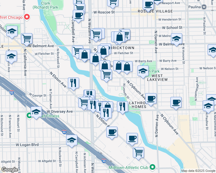 map of restaurants, bars, coffee shops, grocery stores, and more near 2959 North Oakley Avenue in Chicago