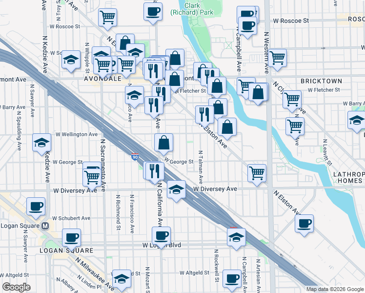 map of restaurants, bars, coffee shops, grocery stores, and more near 2951 North Fairfield Avenue in Chicago