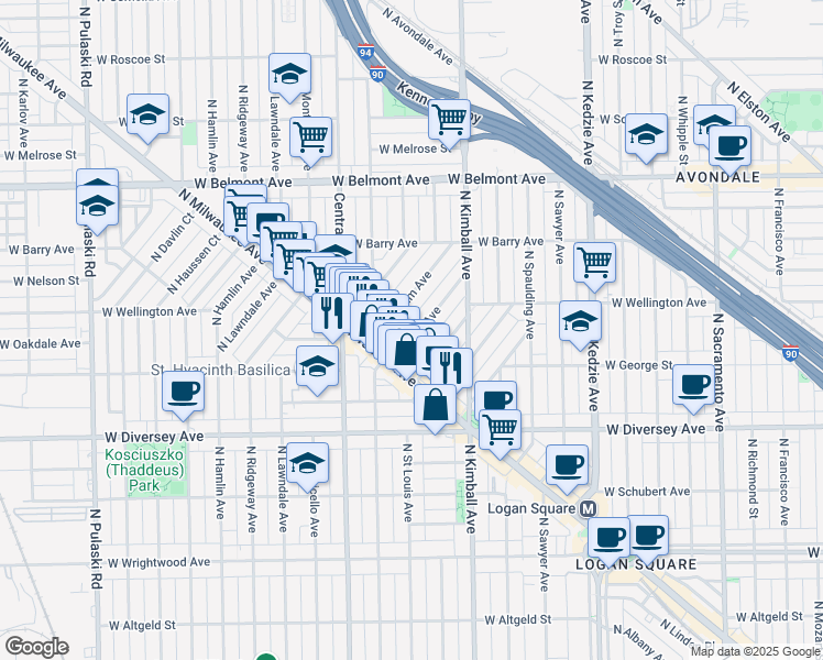 map of restaurants, bars, coffee shops, grocery stores, and more near 2964 North Allen Avenue in Chicago